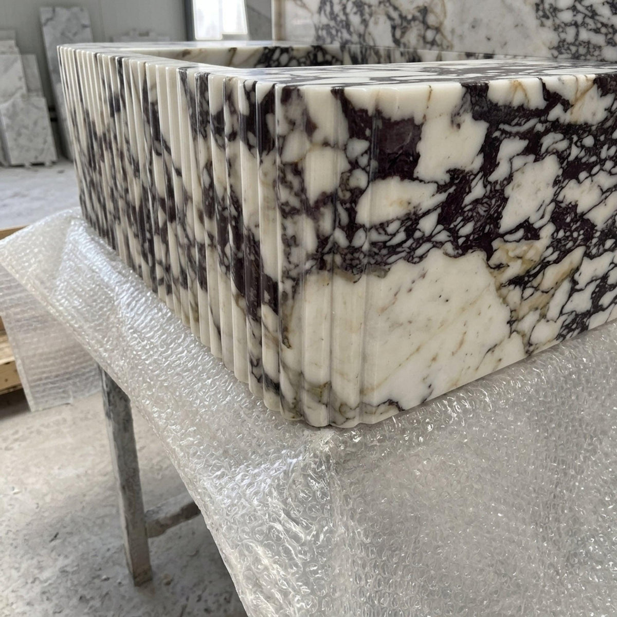 Marble Pedestal Sink | Calacatta Viola Fluted Floating Marble Basin with Backsplash and Hand Carved Detail, Short Run Atelier Craft — view 6