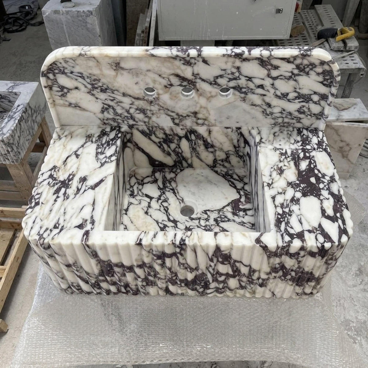 Marble Pedestal Sink | Calacatta Viola Fluted Floating Marble Basin with Backsplash and Hand Carved Detail, Short Run Atelier Craft — view 7