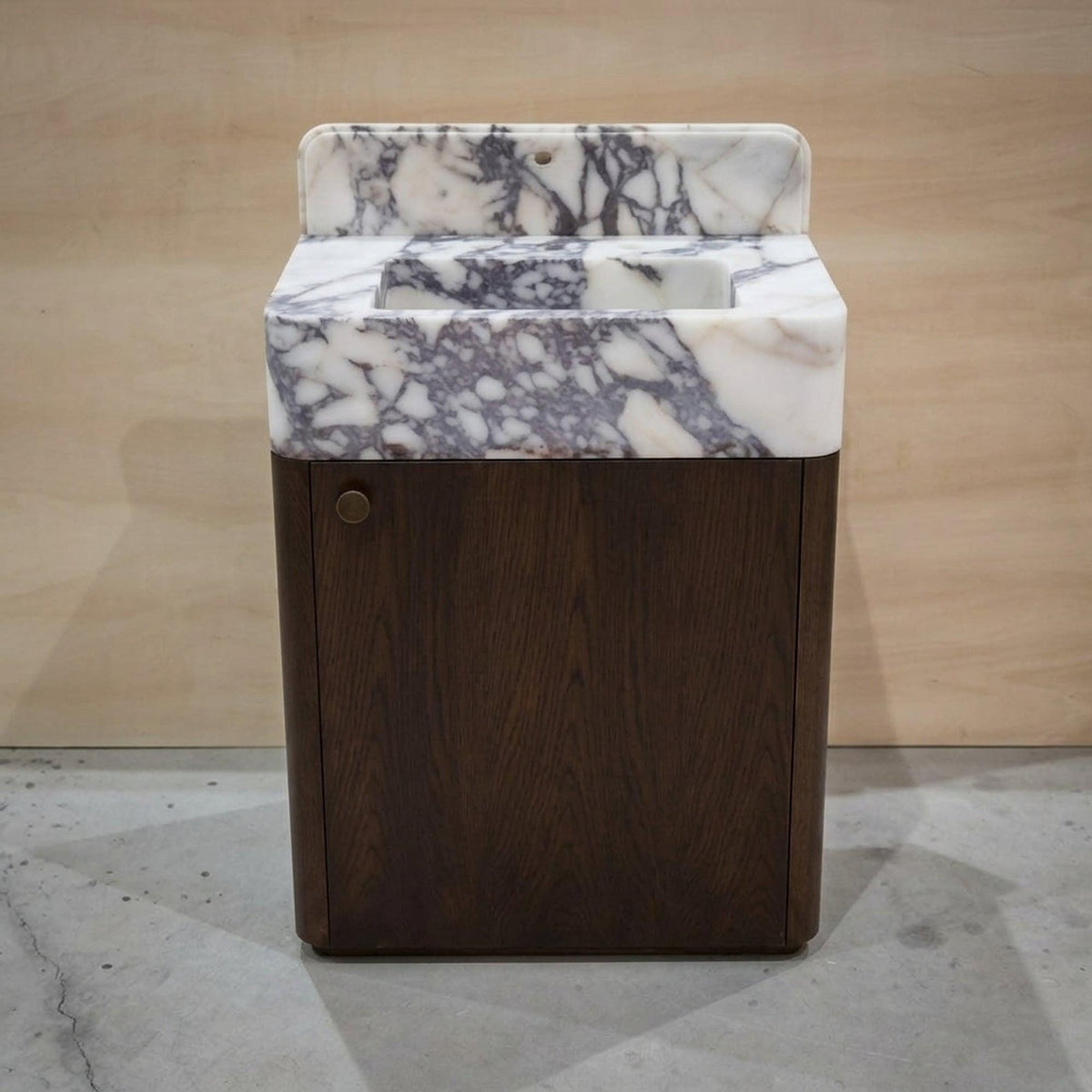 Marble Pedestal Sink | Custom Calacatta Viola Marble Vanity Basin with Backsplash and Wood Vanity, Made in Small Batches — view 3
