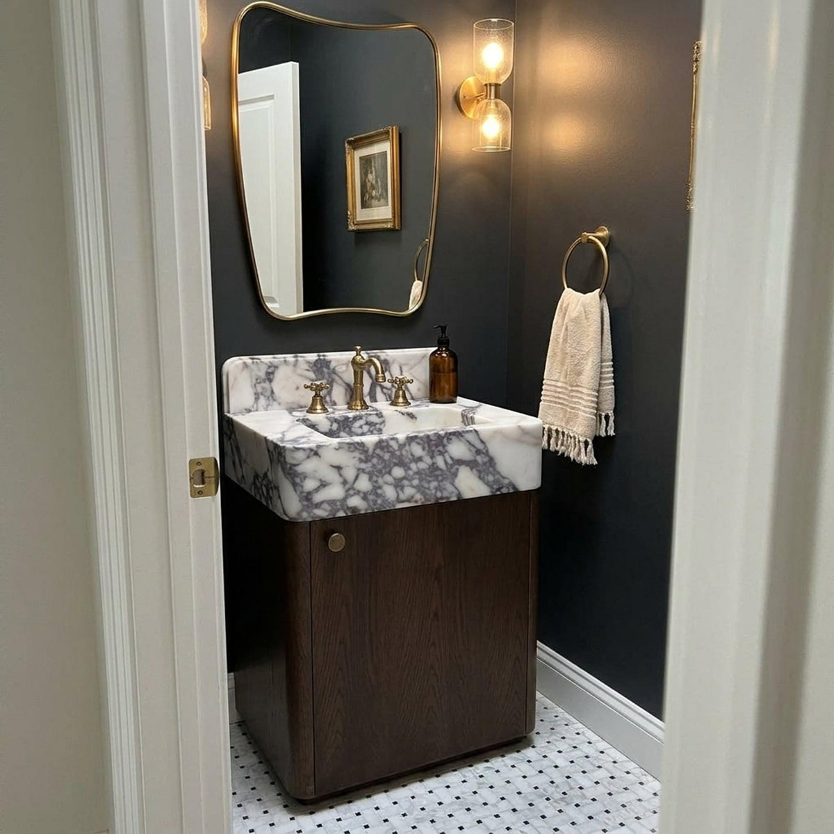 Marble Pedestal Sink | Custom Calacatta Viola Marble Vanity Basin with Backsplash and Wood Vanity, Made in Small Batches — view 2