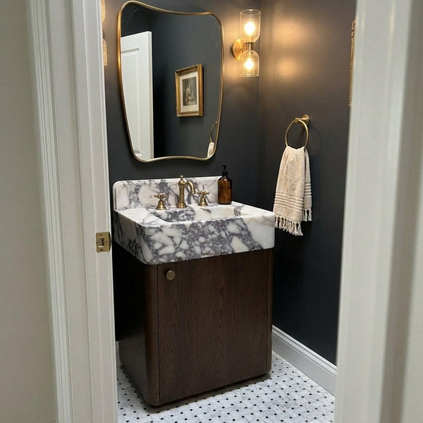 Marble Pedestal Sink | Custom Calacatta Viola Marble Vanity Basin with Backsplash and Wood Vanity, Made in Small Batches hover