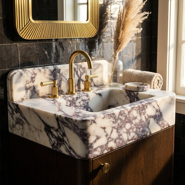 Marble Pedestal Sink | Custom Calacatta Viola Marble Vanity Basin with Backsplash and Wood Vanity, Made in Small Batches