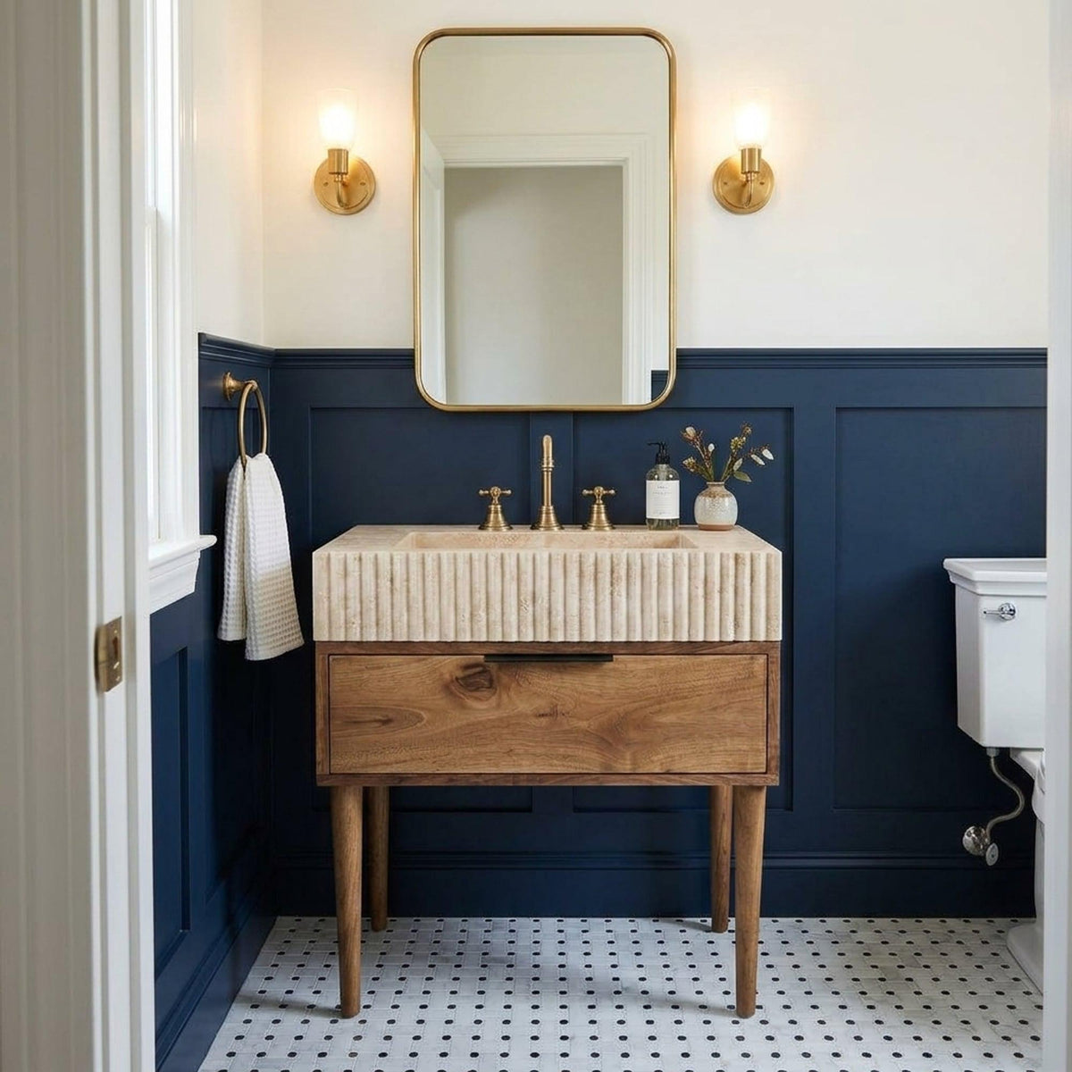 Handmade Travertine Bathroom Basin with Wood Vanity and Hand Carved Detail, Small Batch Artisan Production — view 16