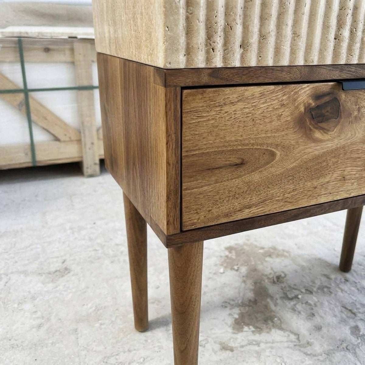 Handmade Travertine Bathroom Basin with Wood Vanity and Hand Carved Detail, Small Batch Artisan Production — view 5