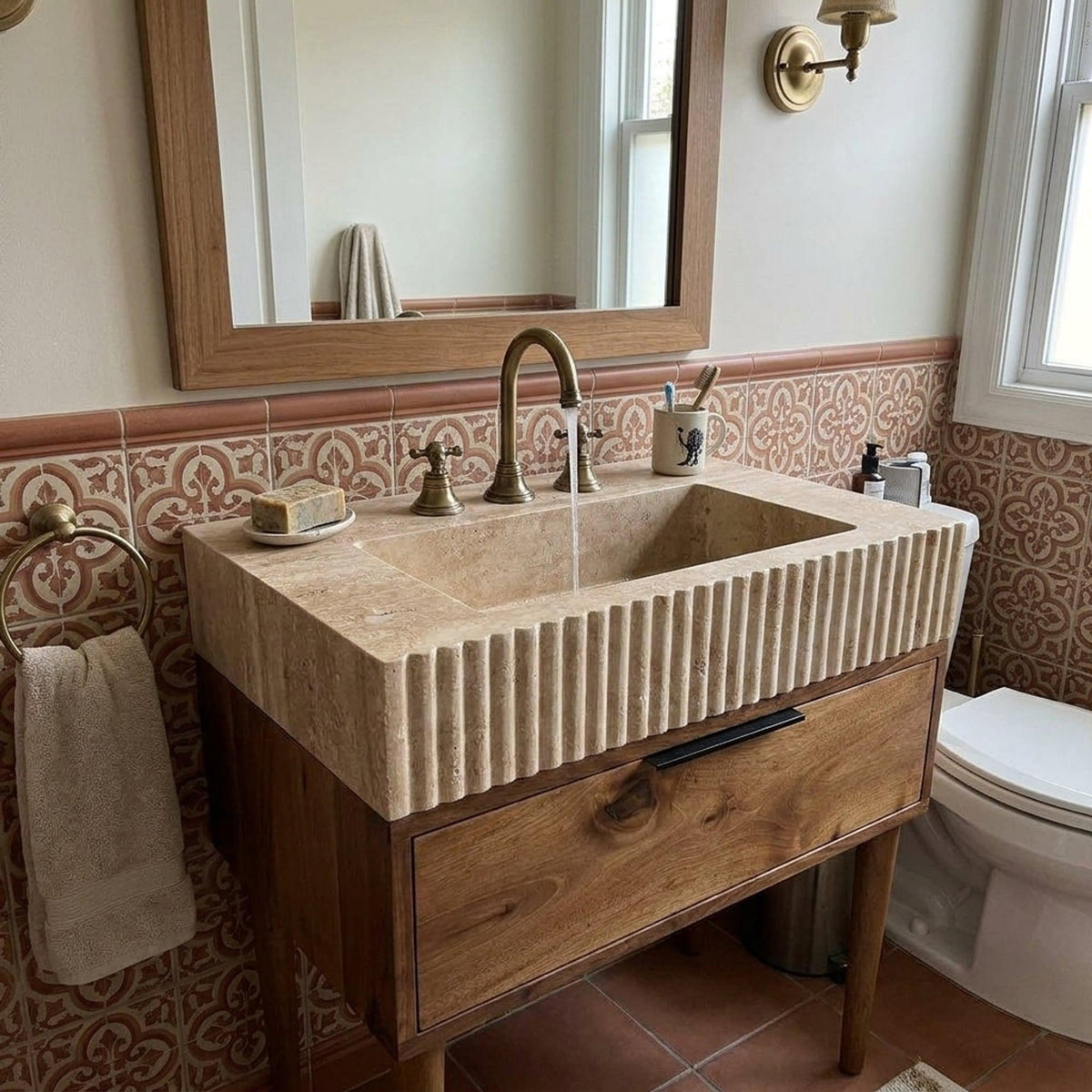Handmade Travertine Bathroom Basin with Wood Vanity and Hand Carved Detail, Small Batch Artisan Production — view 18