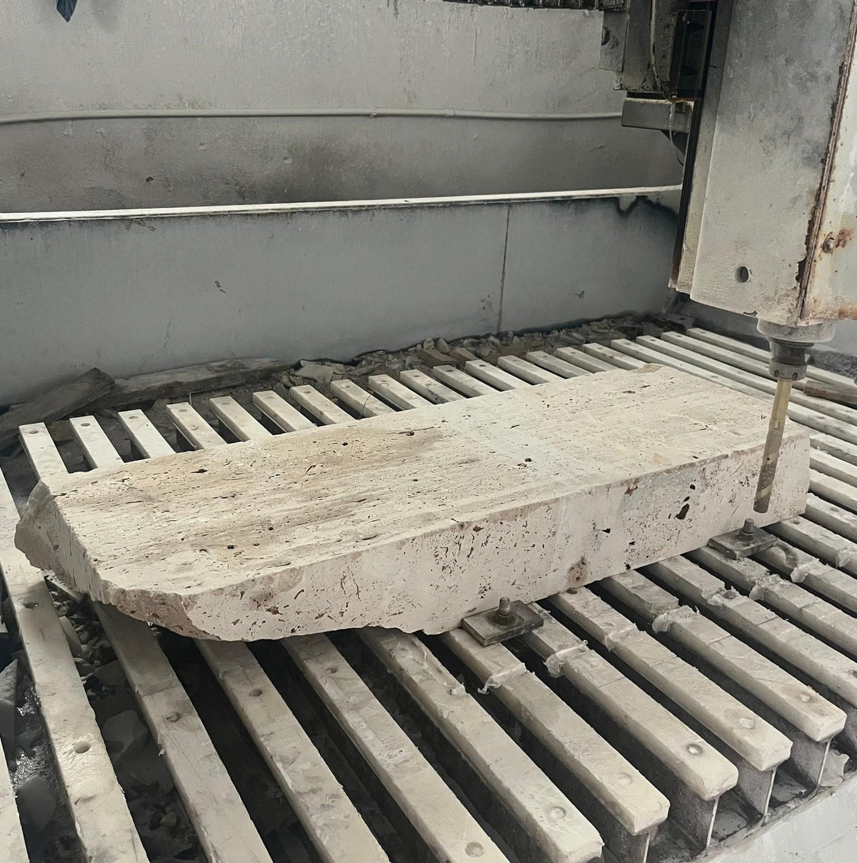 Handmade Travertine Bathroom Basin with Wood Vanity and Hand Carved Detail, Small Batch Artisan Production — view 13