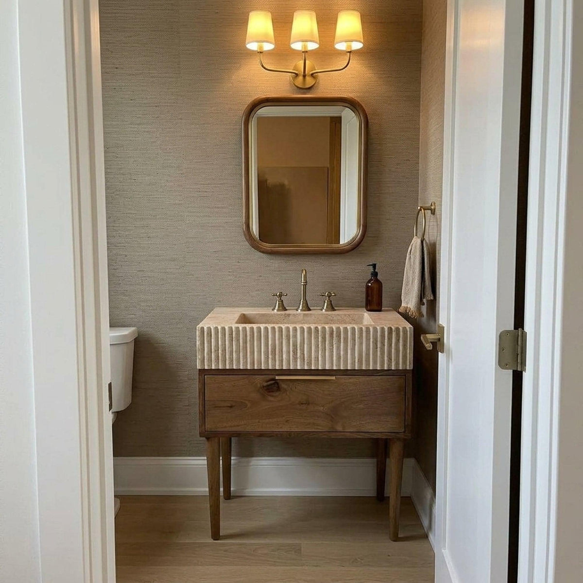 Handmade Travertine Bathroom Basin with Wood Vanity and Hand Carved Detail, Small Batch Artisan Production — view 19