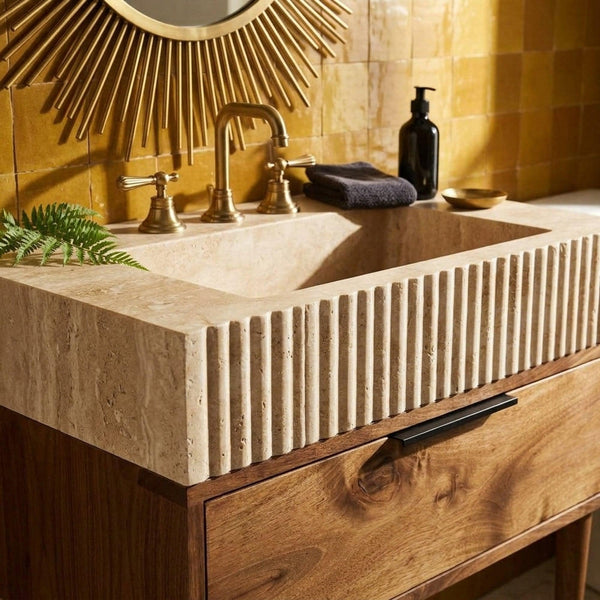Handmade Travertine Bathroom Basin with Wood Vanity and Hand Carved Detail, Small Batch Artisan Production
