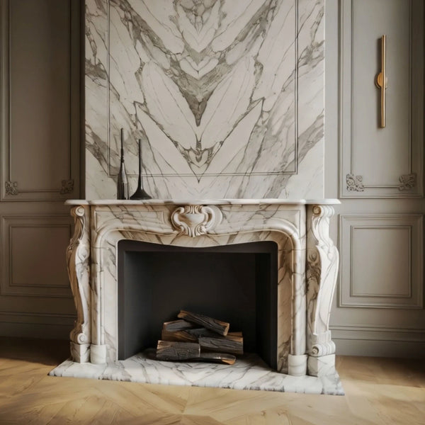Elegant Marble Fireplace Mantel with Intricate Carvings hover