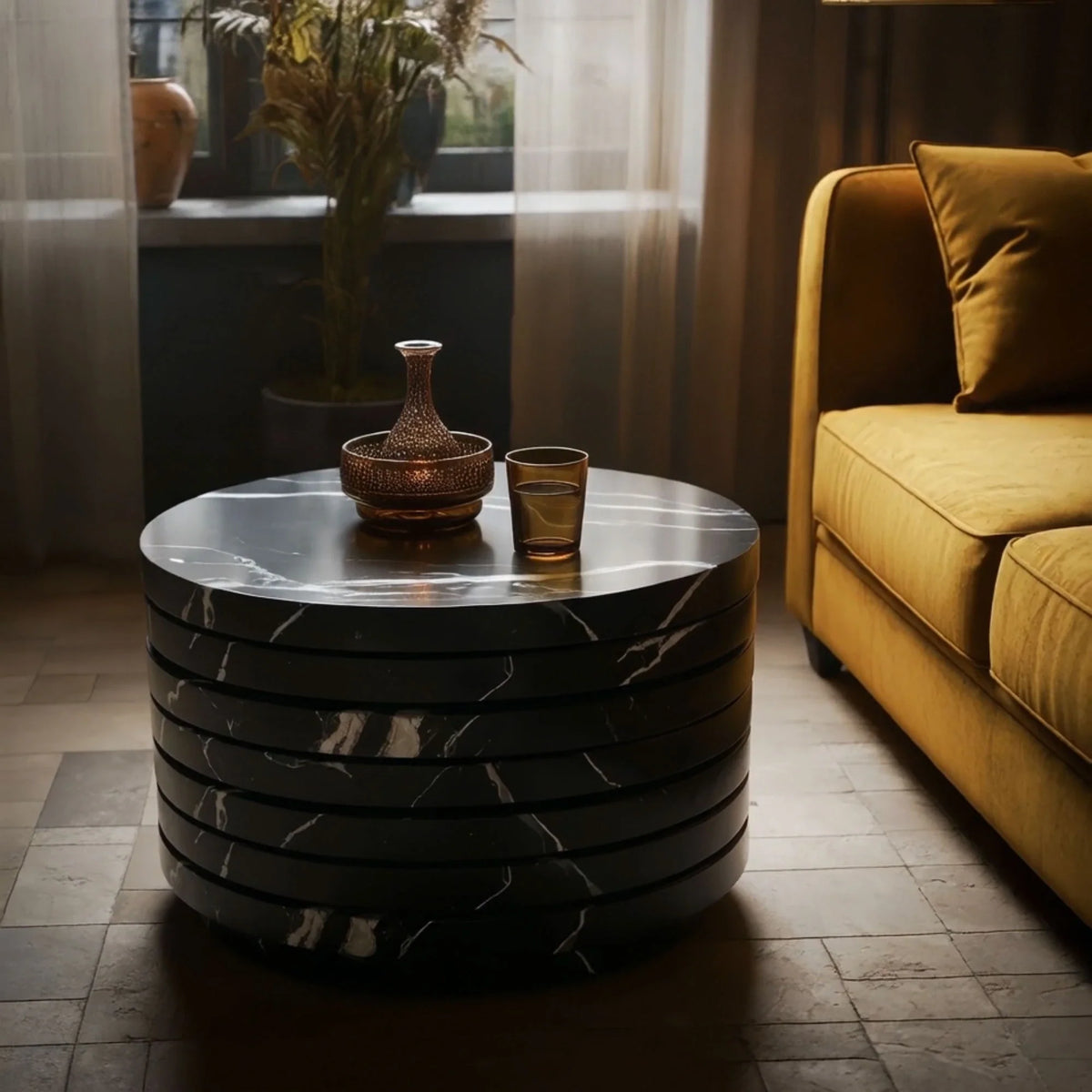 Round Marble Coffee Table with Layered Design