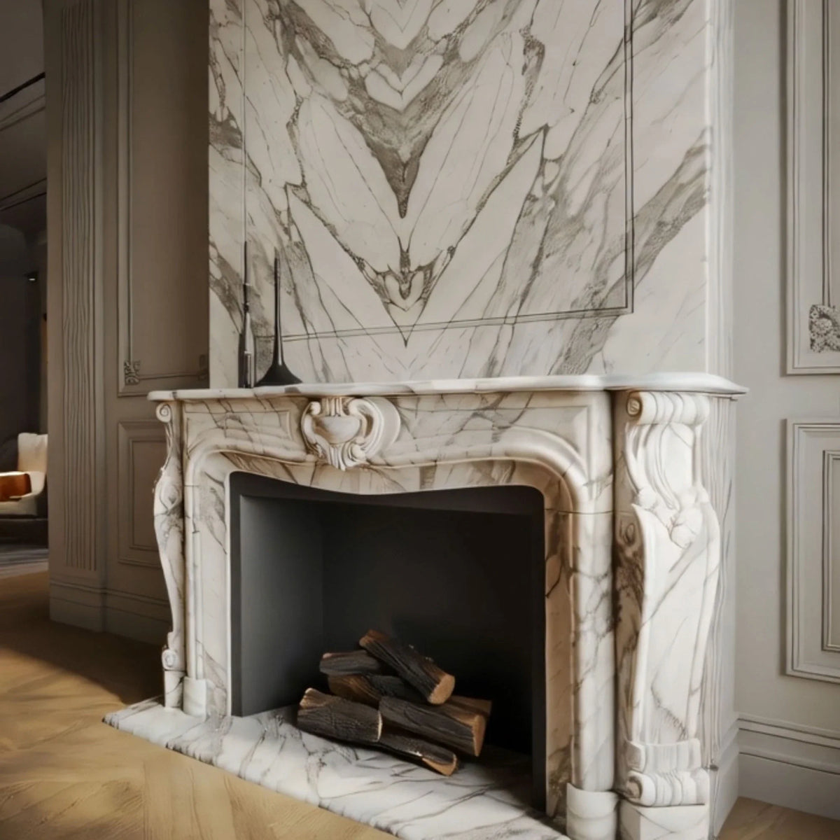 Elegant Marble Fireplace Mantel with Intricate Carvings