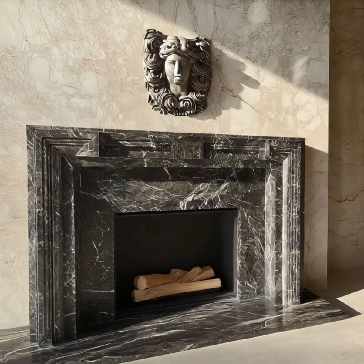 Marble Fireplace Mantel with Ornate Sculpture