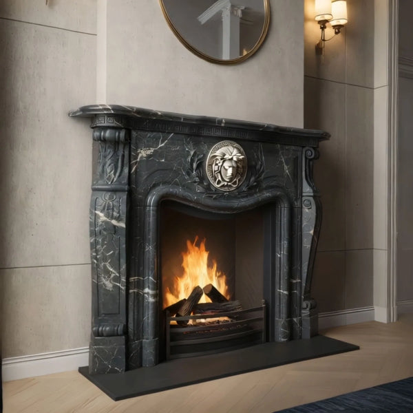 Ornate Marble Fireplace Mantel with Lion Emblem hover