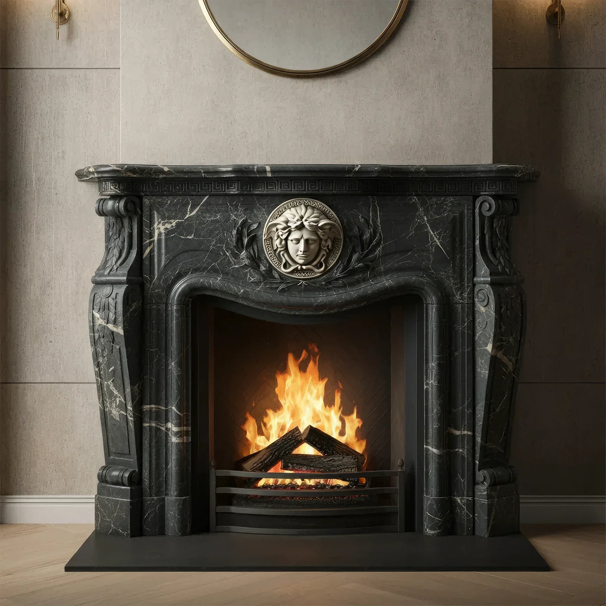 Ornate Marble Fireplace Mantel with Lion Emblem