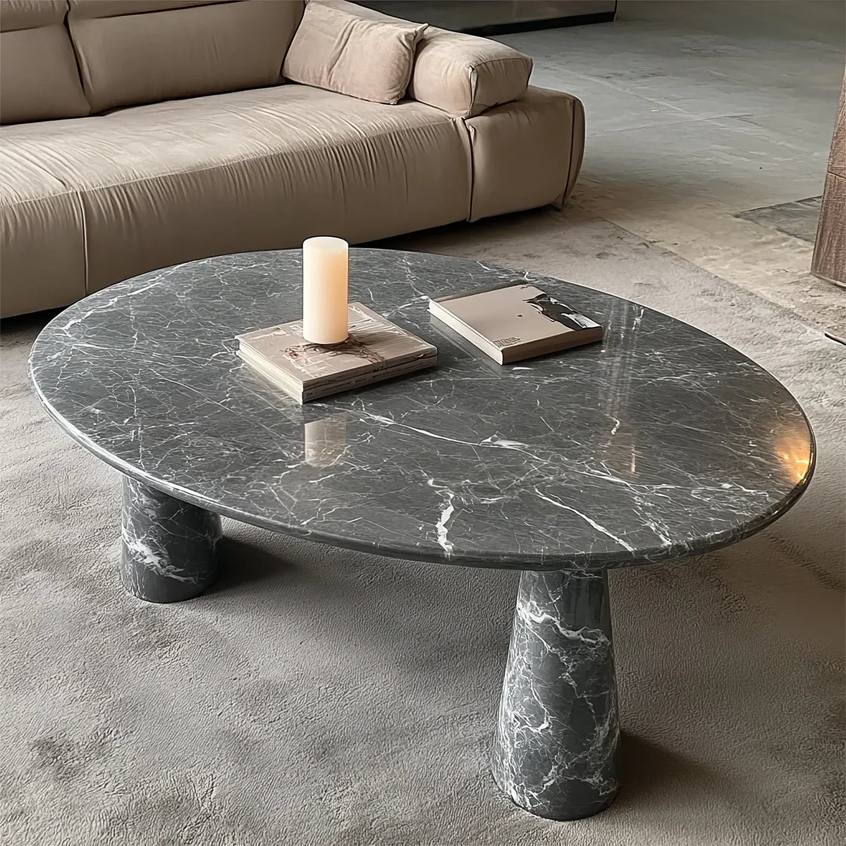 Oval Marble Coffee Table with Cylindrical Legs