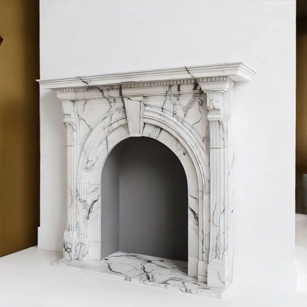 White Marble Arch Fireplace Mantel with Fluted Columns hover